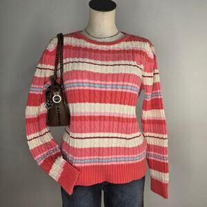 Vintage 90s Y2K Cable Knit Striped Sweater Pink Large Coquette Preppy Cotton